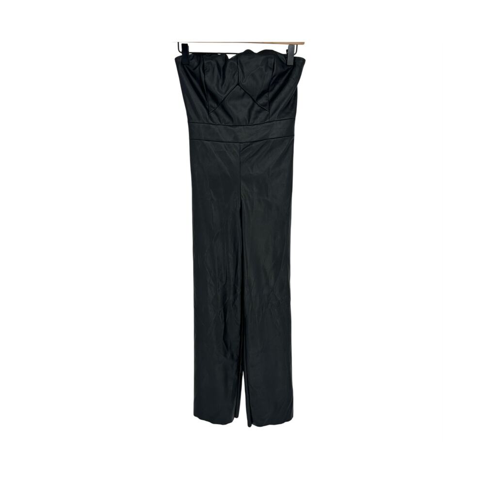 Banana Republic Jumpsuit Womens 00P Black Faux Vegan Leather Strapless Crop NWT